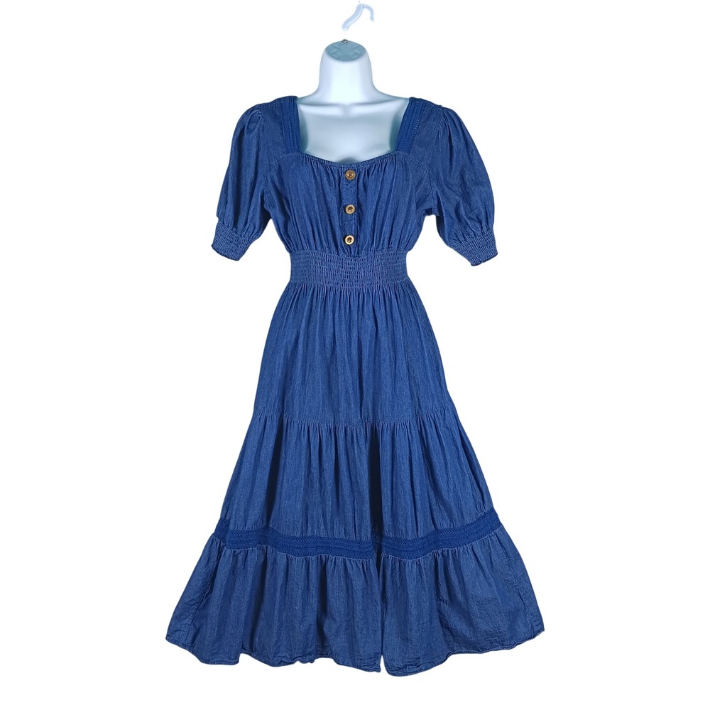 Chambray Denim Midi Dress Size XL Blue Smocked Cottage Prairie Cowgirl Smocked